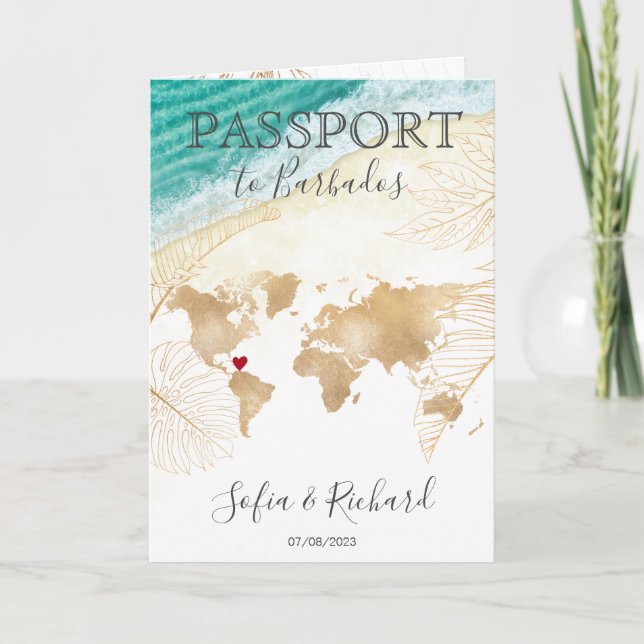 Barbados Wedding Destination Passport World Map Invitation (Front)