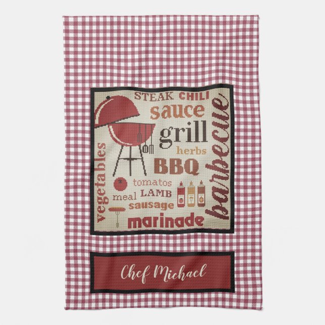 Barbecue Chef Red Gingham Check Personalized Kitchen Towel (Vertical)