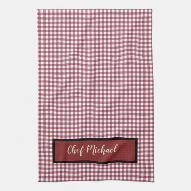 Barbecue Chef Red Gingham Check Personalized Kitchen Towel (Vertical)