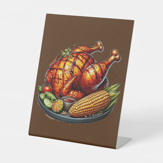 Barbecue chicken with corn illustration  pedestal sign (Front)