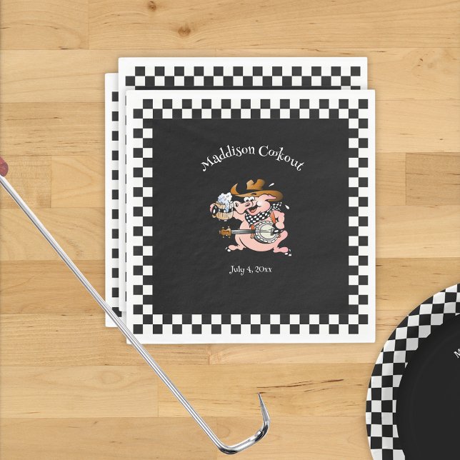 Barbecue Cookout Pig Playing Banjo Black Custom Napkin (Creator Uploaded)