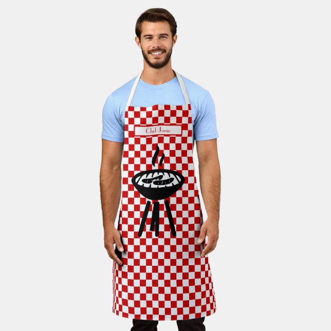 Barbecue DIY Colours Red White Chequerboard  Apron (Worn)