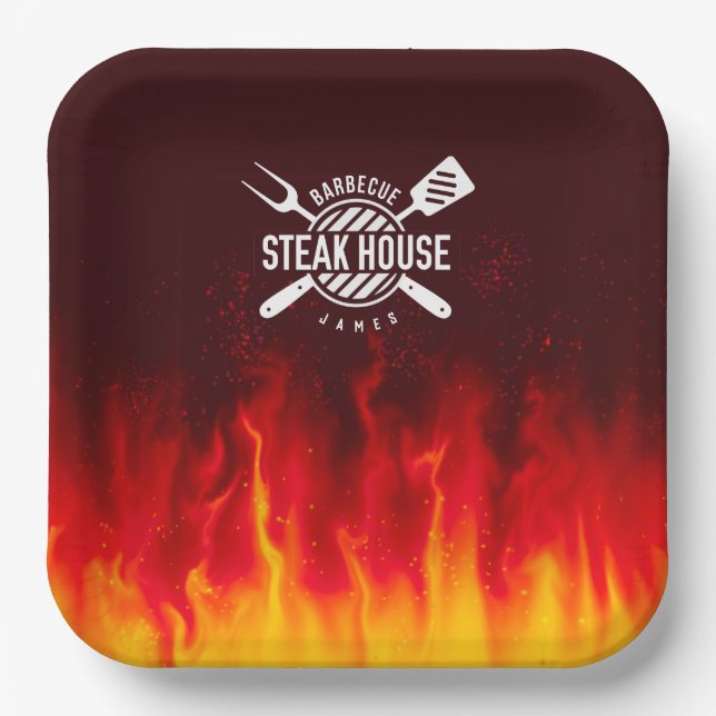 Barbecue Grill Flames — Personalized Steak House Paper Plate (Front)