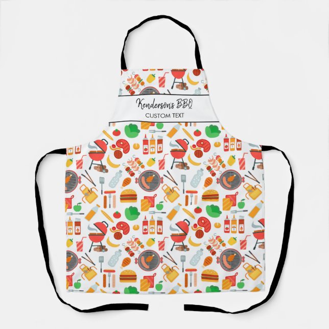 Barbecue Grill Pattern, Custom BBQ Chef Name Text Apron (Front)
