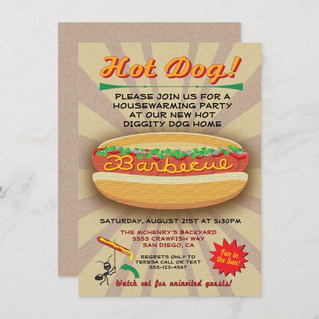 Barbecue Housewarming Hot dog party invitation (Front/Back)