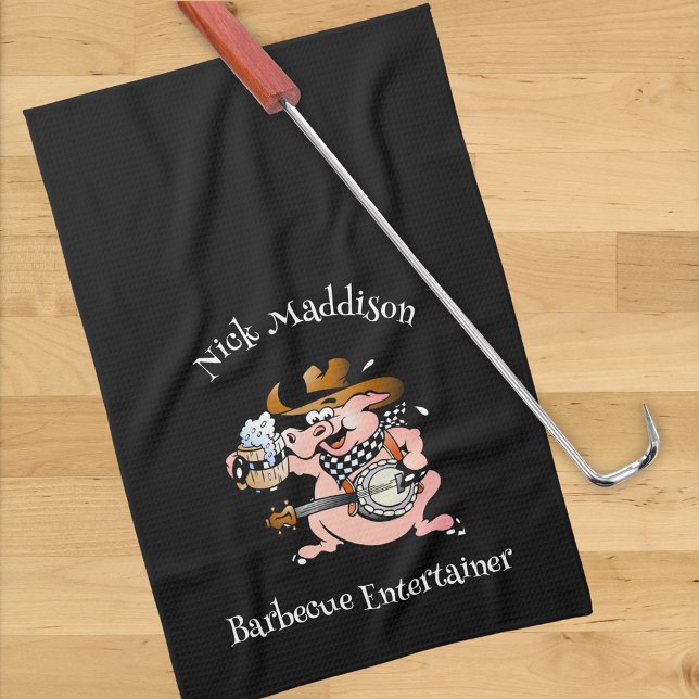 Barbecue Lover Pig Playing Banjo Black Custom Kitchen Towel (Creator Uploaded)