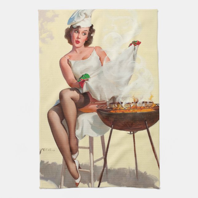 Barbecue Pin-Up Girl Kitchen Towel (Vertical)