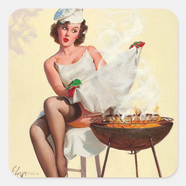 Barbecue Pin-Up Girl Square Sticker (Front)