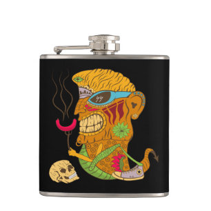 Barbecue Tiki Monster with Sausage and Human Skull Hip Flask