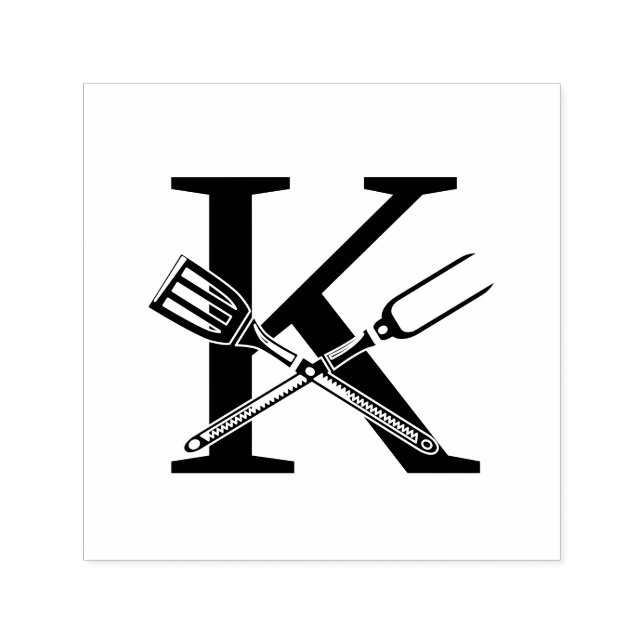 Barbecue Utensils Over Single Bold Initial Monogrm Self-inking Stamp (Design)