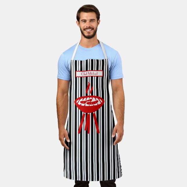 Barbecue Vertical Stripe #2 DIY Colours Black Whit Apron (Worn)