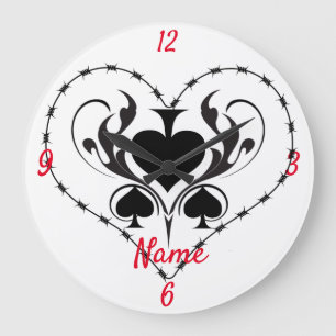 Barbed Wire Heart Black Spades Thunder_Cove Large Clock