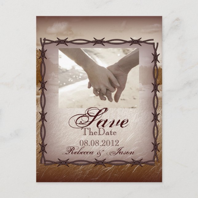 barbed wire western country wedding save the date announcement postcard (Front)