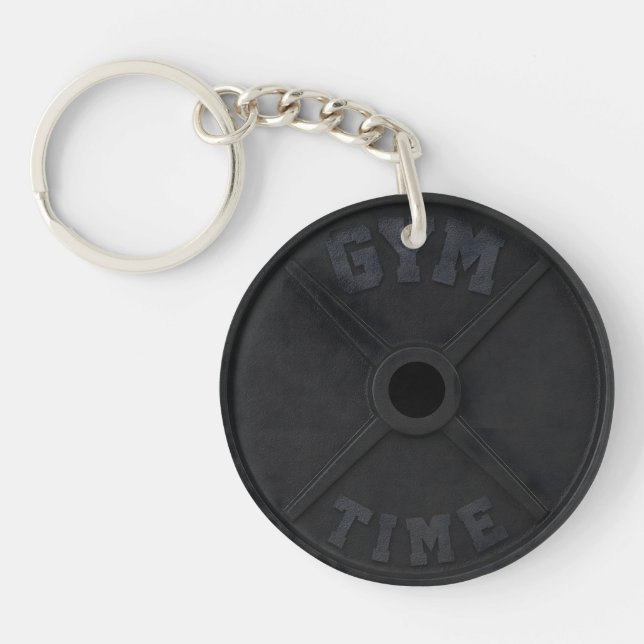 Barbell 45-lb plate "GYM TIME" for a gym person Keychain (Front)