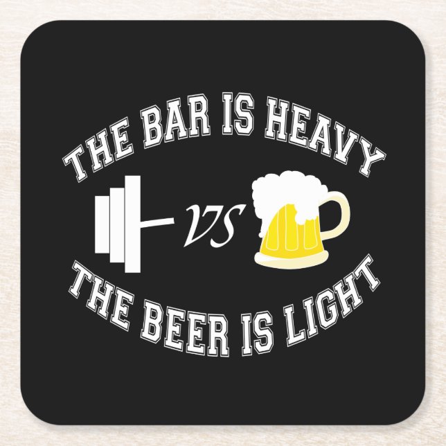 Barbell vs beer square paper coaster (Front)