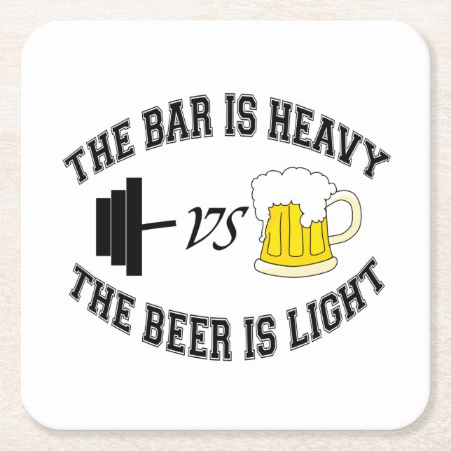 Barbell vs beer square paper coaster (Front)