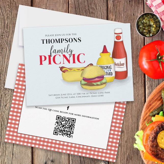 Barbeque Casual Picnic Family Reunion Hamburger  Invitation (BBQ invitation with Family picnic wording and hand-drawn hamburgers and hotdogs. )