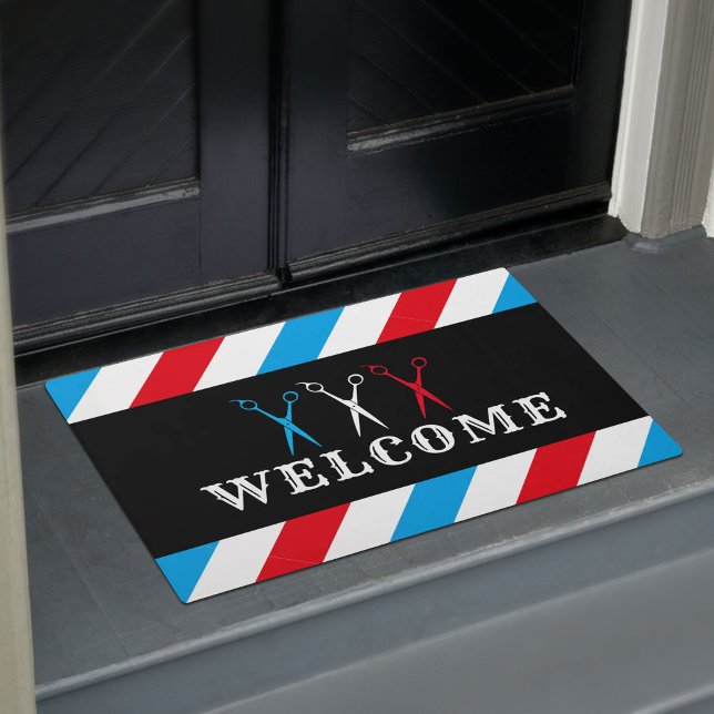 Barber Barbershop Blue Red Stripes Welcome Doormat (Creator Uploaded)