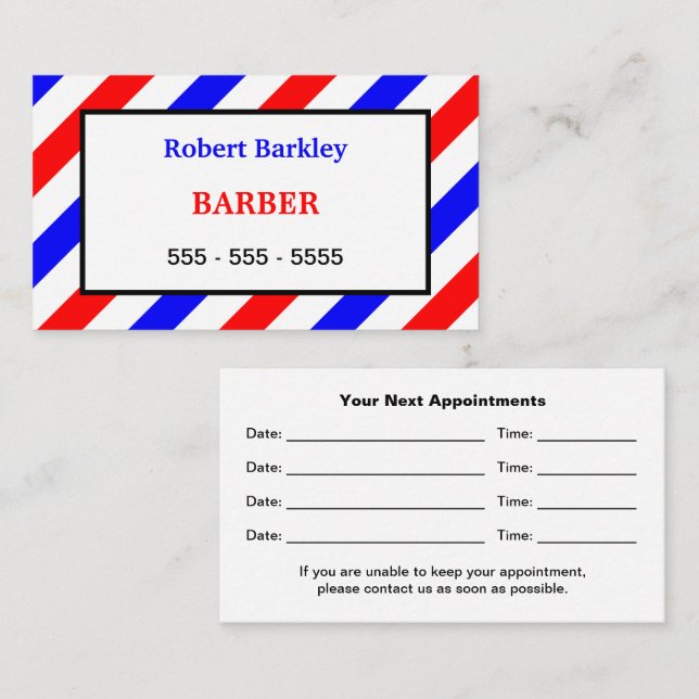 Barber Barbershop Rouge Blanc Bleu Carte de rendez (Devant / Derrière)