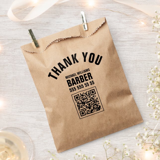 Barber Black Bold Typography QR code Favour Bag (Clipped)