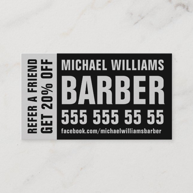 Barber Black Grey Bold Typography Referral Card (Front)