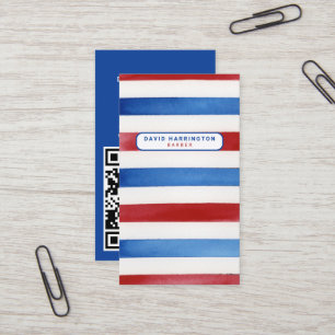 Barber Custom QR Code Scannable Patriotic Colors Business Card