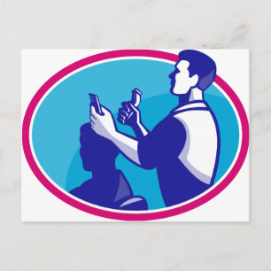 Barber Cutting Hair Barbershop Retro Postcard