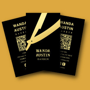 Barber Hair Salon Black And Gold Razor Qr Code Business Card