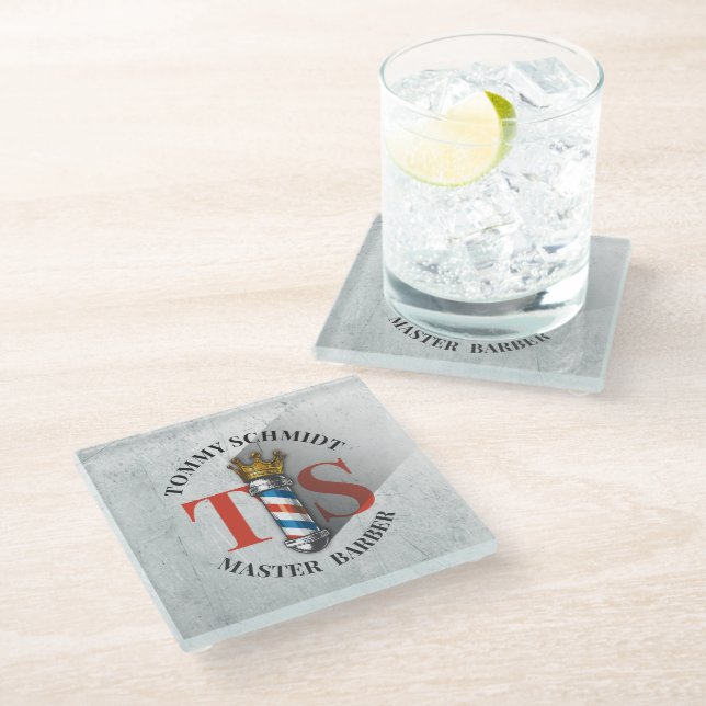 Barber Hair Shop King Crown Barber Pole Hair Salon Glass Coaster (Angled)