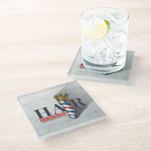 Barber Hair Shop King Crown Barber Pole Hair Salon Glass Coaster (Angled)