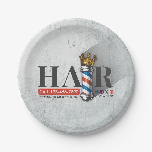 Barber Hair Shop King Crown Barber Pole Hair Salon Paper Plate (Front)