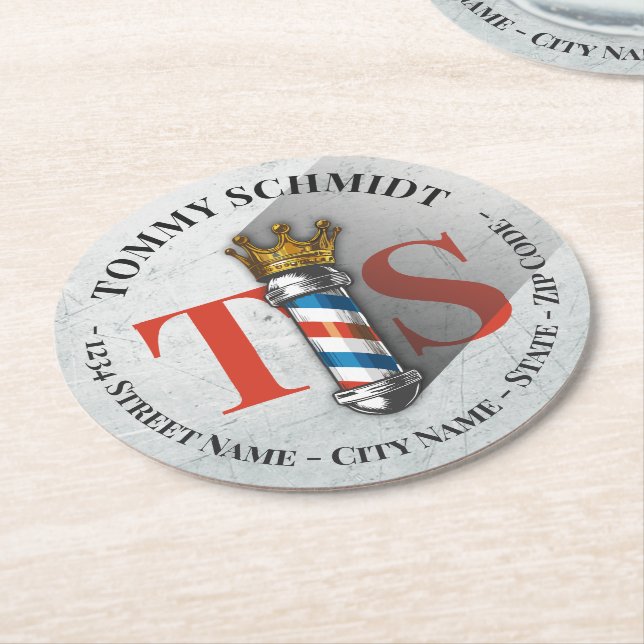 Barber Hair Shop King Crown Barber Pole Hair Salon Round Paper Coaster (Angled)