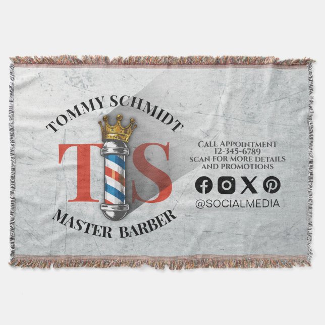 Barber Hair Shop King Crown Barber Pole Hair Salon Throw Blanket (Front)
