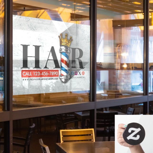 Barber Hair Shop King Crown Barber Pole Hair Salon Window Cling (Restaurant Window)