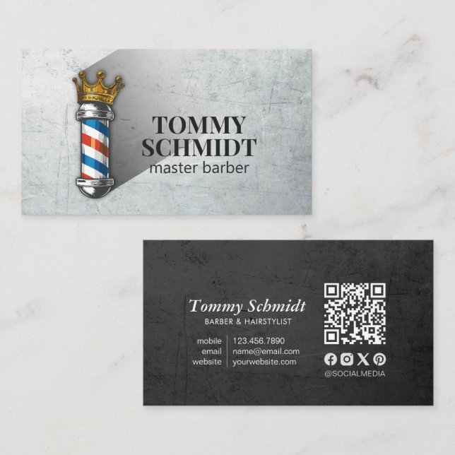 Barber Hair Shop Royal Crown Barber Pole QR Code Business Card (Front/Back)