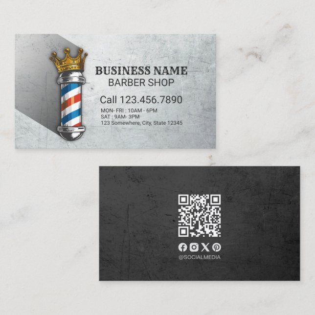 Barber Hair Shop Royal Crown Barber Pole QR Code Business Card (Front/Back)