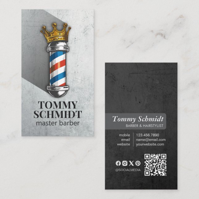 Barber Hair Shop Royal Crown Barber Pole QR Code Business Card (Front/Back)