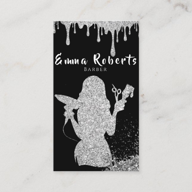 Barber Hairdresser Hair Glitter Silver Business Card (Front)