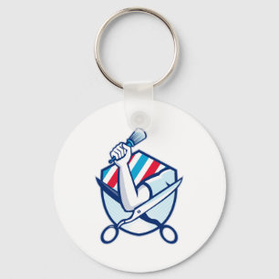Barber Hand Holding Brush Scissors Shield Retro Keychain