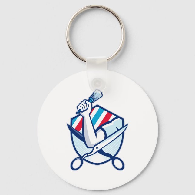 Barber Hand Holding Brush Scissors Shield Retro Keychain (Front)