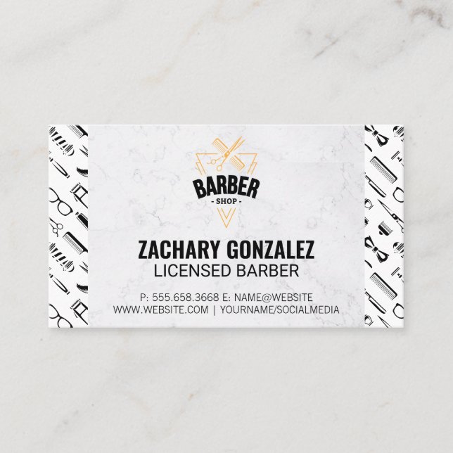 Barber Logo | Barber Tools Pattern Marble Loyalty Card (Front)