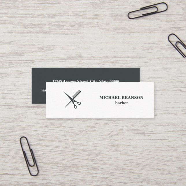 Barber Minimalist Grey and White Scissor Comb Mini Business Card (Front/Back In Situ)