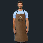 Barber Name Brown Suede Gold Monogram Apron<br><div class="desc">Professional apron features a modern design with brushed metallic gold monogram emblem on brown suede leather look textured background. </div>