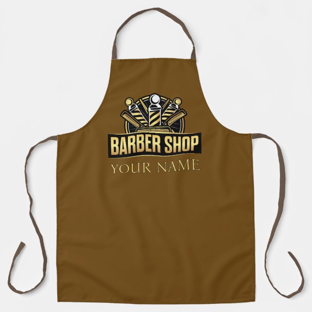 Barber name gold logo barber shop brown apron (Front)