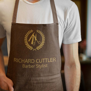 Barber name gold logo barber shop brown leather apron