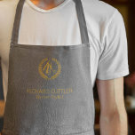 Barber name gold logo barber shop grey leather apron<br><div class="desc">Personalized barbershop apron with faux gold scissors and laurel wreath logo (you can replace it with your own!) and with the barber's name and title over a silver grey grey leather look (PRINTED,  NOT REAL LEATHER) background.           Perfect for a professional look.</div>