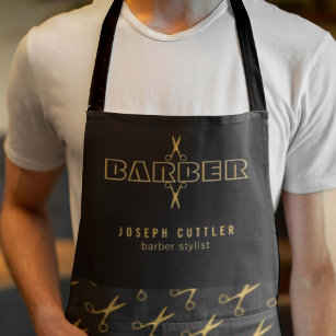 Barber name gold scissors pattern barbershop black apron