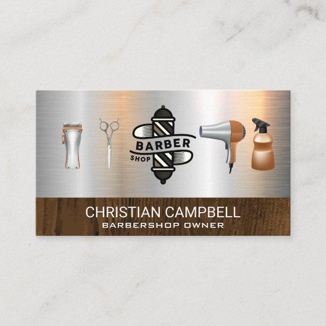 Barber Pole | Barber Shop | Metallic Barber Tools Business Card (Front)