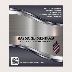 Barber Pole Logo   QR Code   Metallic Sleek Business Card
