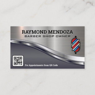 Barber Pole Logo   QR Code   Metallic Sleek Business Card